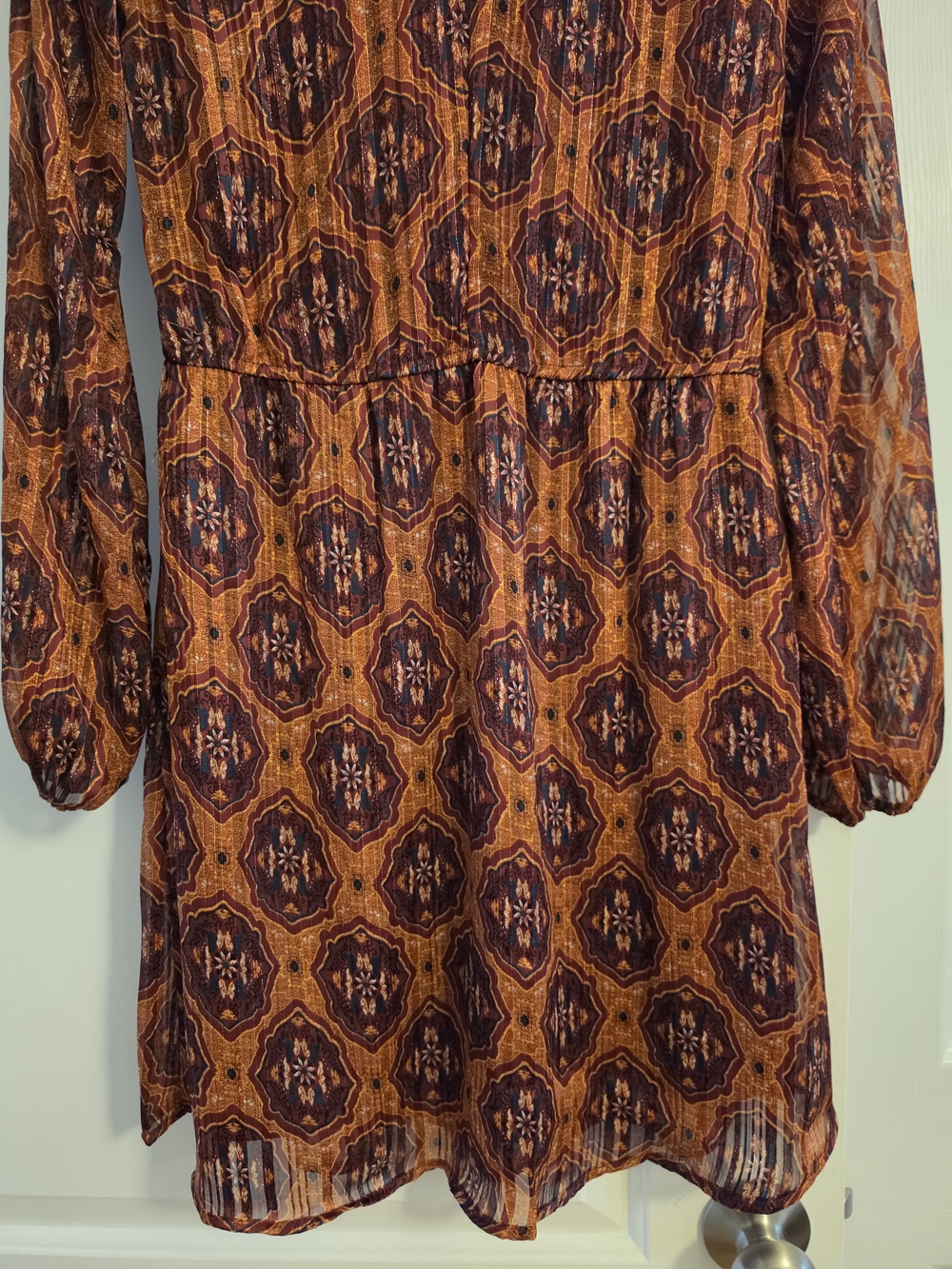 Women's Long Sleeve Printed Rust and Plum Dress - Picture 6 of 8